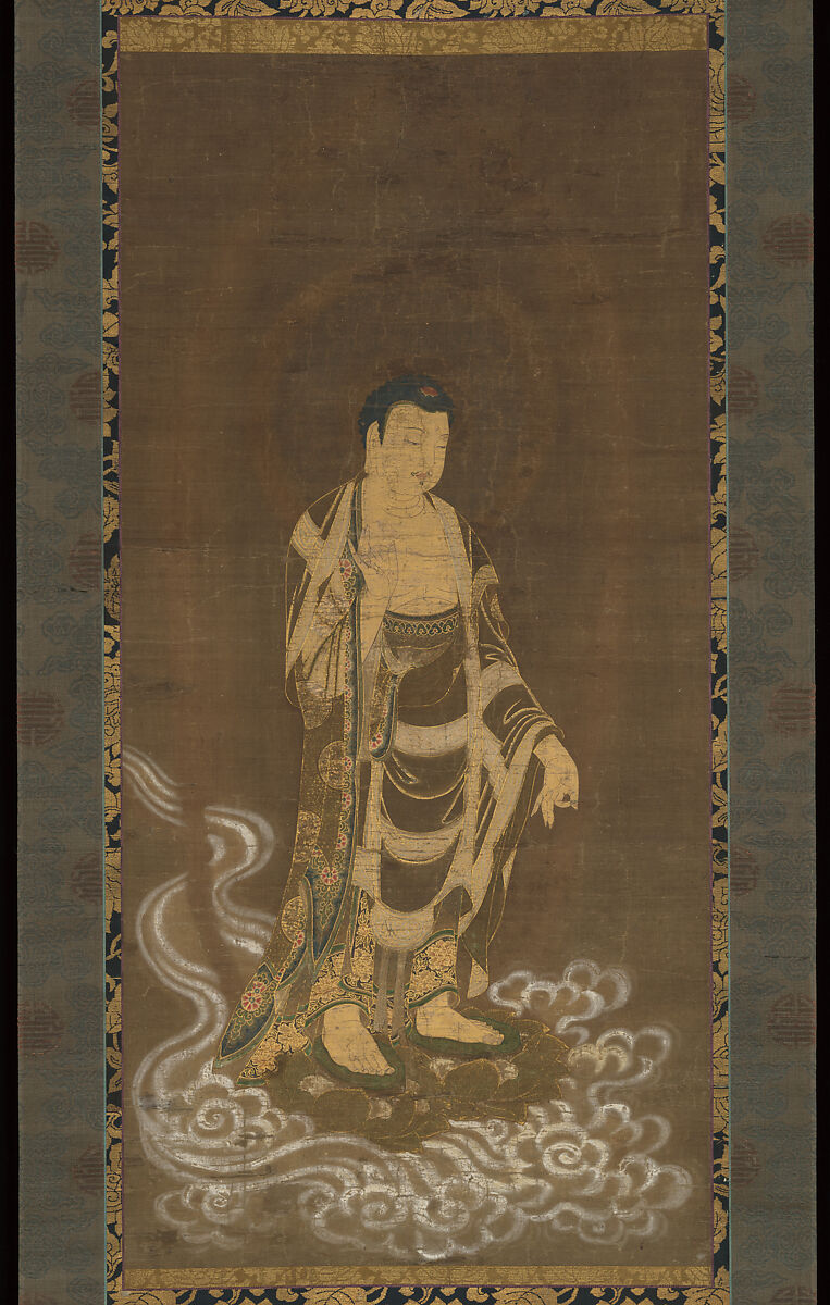 Welcoming Descent of Amida Buddha, Hanging scroll; ink, color, and gold on silk, Japan