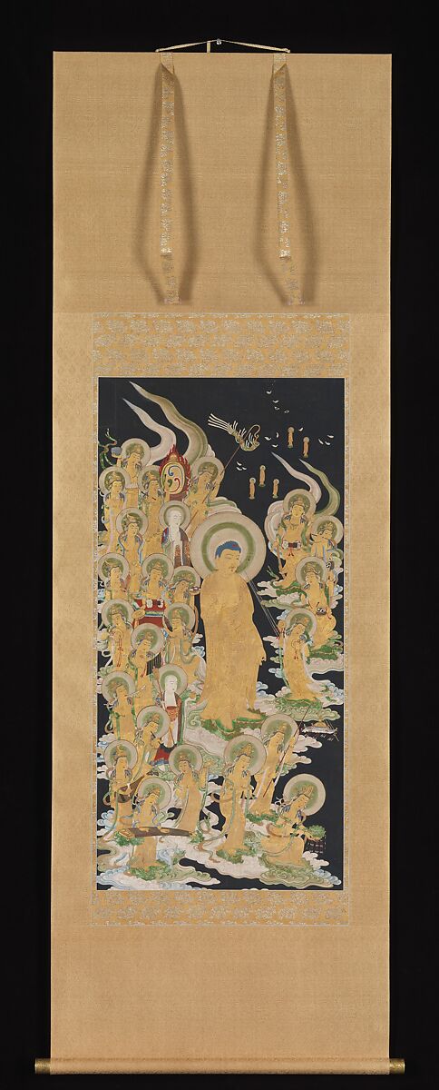 Buddha and Attendants, Hanging scroll; ink and color on paper, Japan
