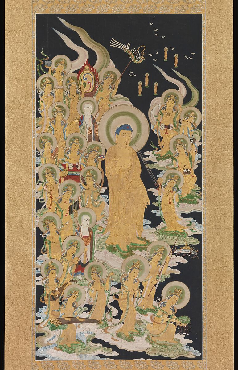 Buddha and Attendants, Hanging scroll; ink and color on paper, Japan 