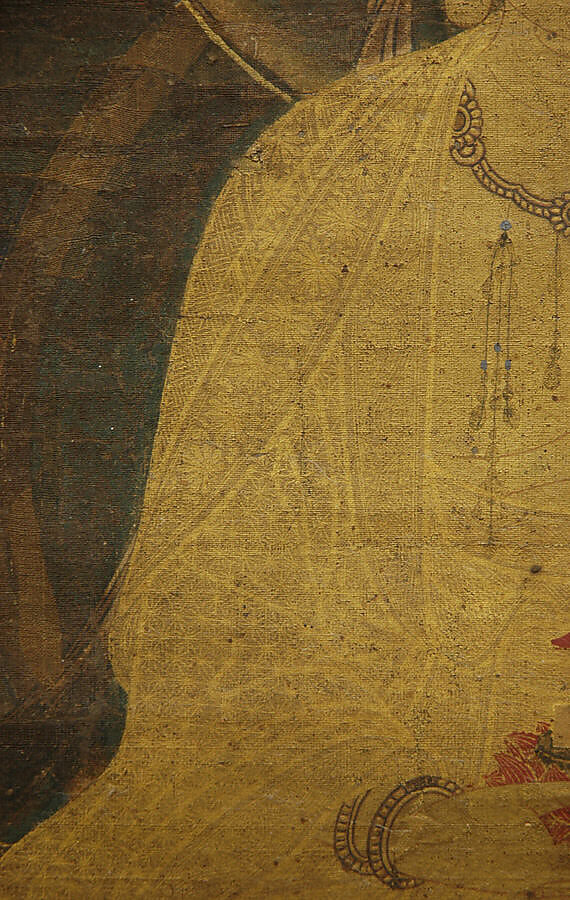 Miroku Bosatsu, Hanging scroll; ink, color, and gold on silk, Japan