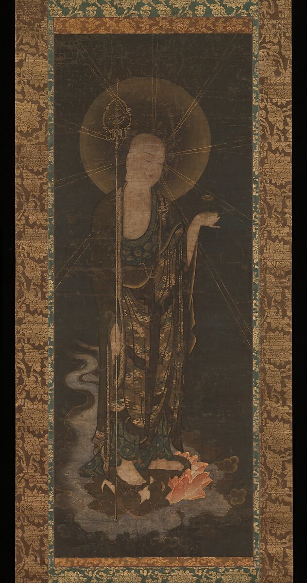 Welcoming Descent of the Bodhisattva Jizō, Hanging scroll; ink, color, gold, and cut gold leaf (kirikane) on silk, Japan 