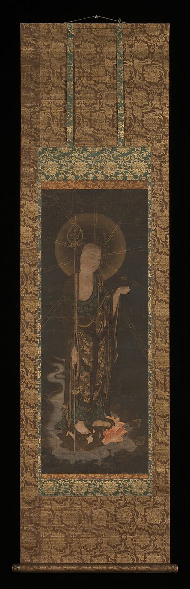 Welcoming Descent of the Bodhisattva Jizō, Hanging scroll; ink, color, gold, and cut gold leaf (kirikane) on silk, Japan