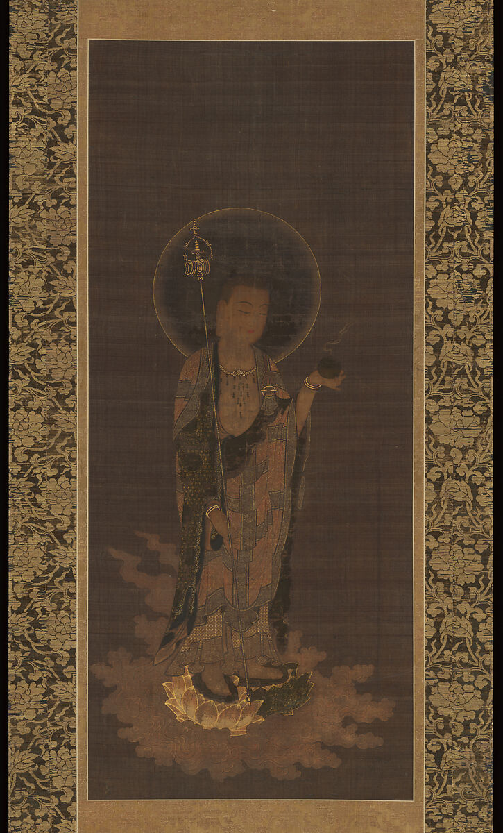 Welcoming Descent of the Bodhisattva Jizō, Unidentified artist, Hanging scroll; ink, color, and cut gold on silk, Japan 