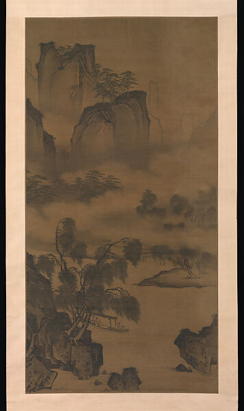 River landscape with scholar in a boat, Zhou Chen (Chinese, ca. 1455–after 1536), Hanging scroll; ink and color on silk, China 
