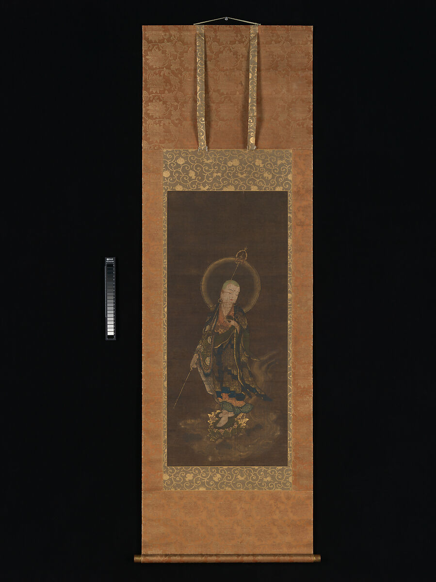 The Bodhisattva Jizō “Looking Back”, Unidentified artist, Hanging scroll; ink, color, gold paint (kindei), and cut gold on silk, Japan