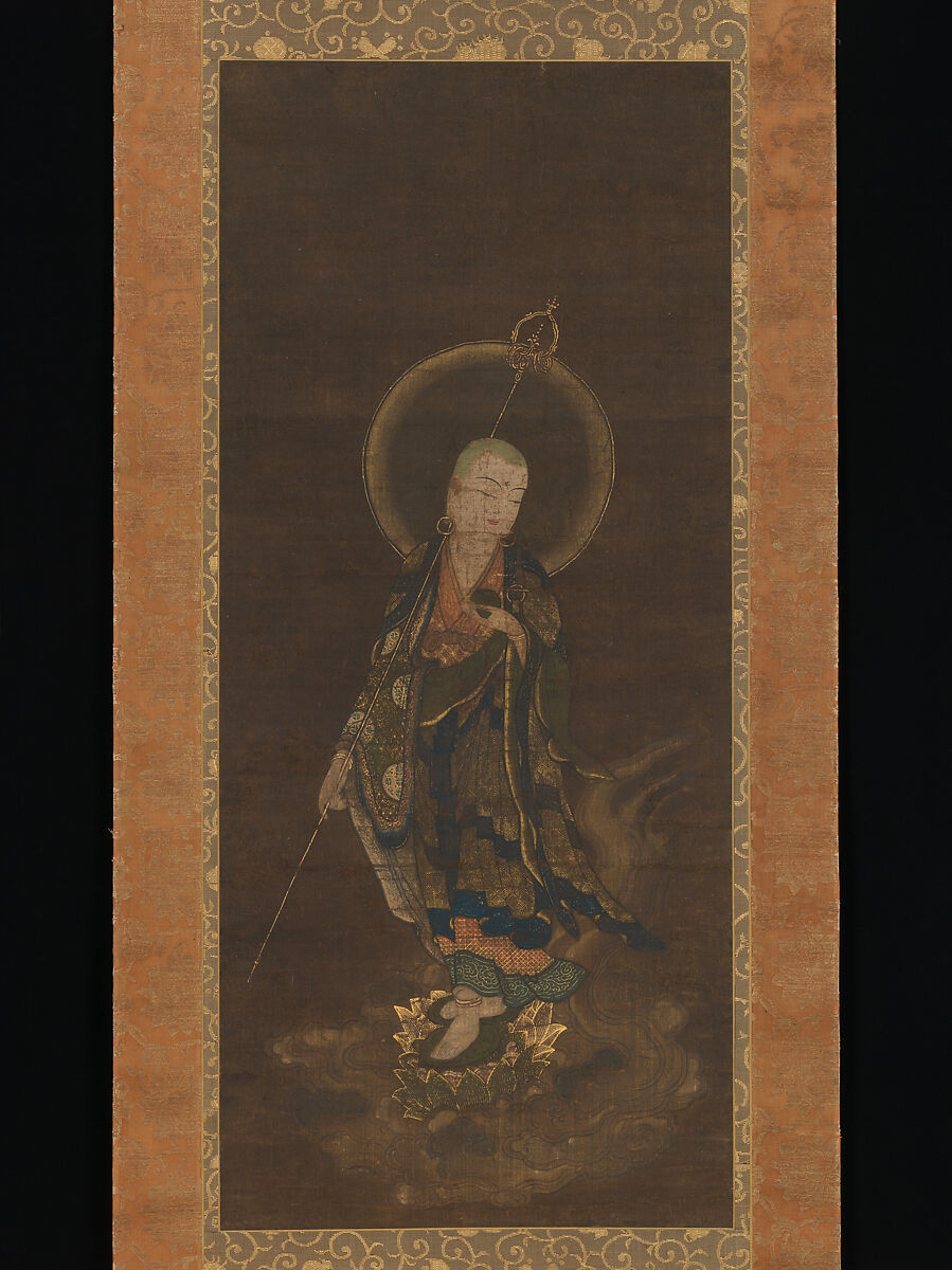 The Bodhisattva Jizō “Looking Back”, Unidentified artist, Hanging scroll; ink, color, gold paint (kindei), and cut gold on silk, Japan