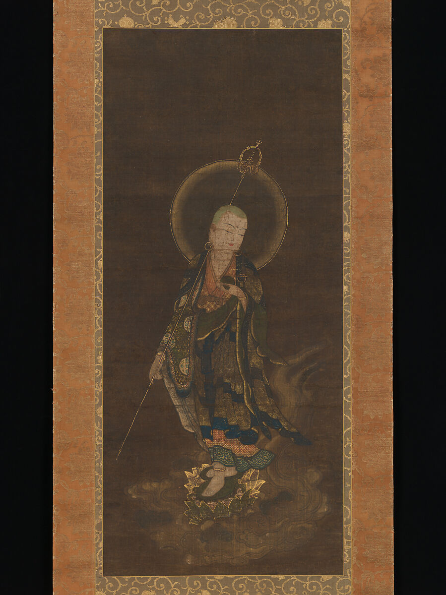 The Bodhisattva Jizō “Looking Back”, Unidentified artist, Hanging scroll; ink, color, gold paint (kindei), and cut gold on silk, Japan 