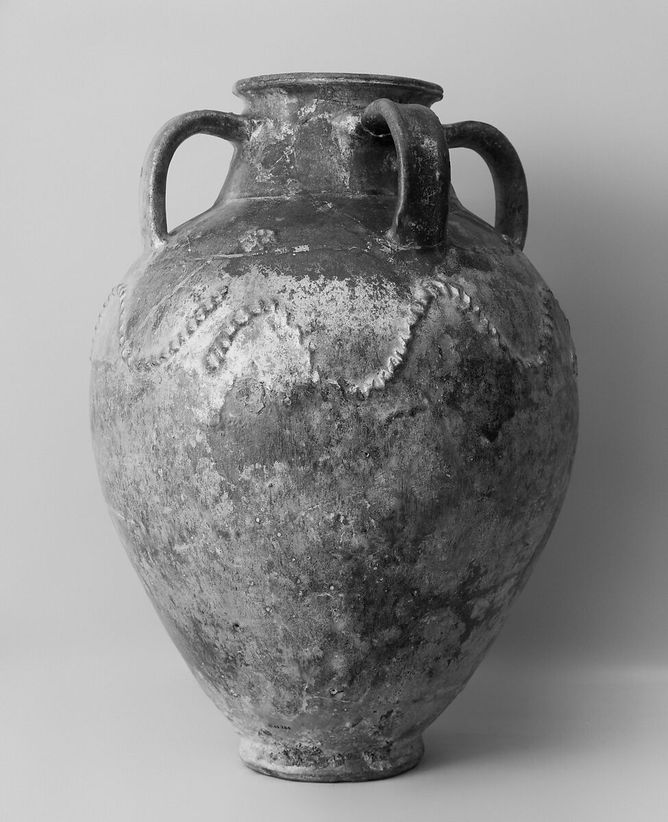 Jar, Earthenware; monochrome glazed, applied decoration 