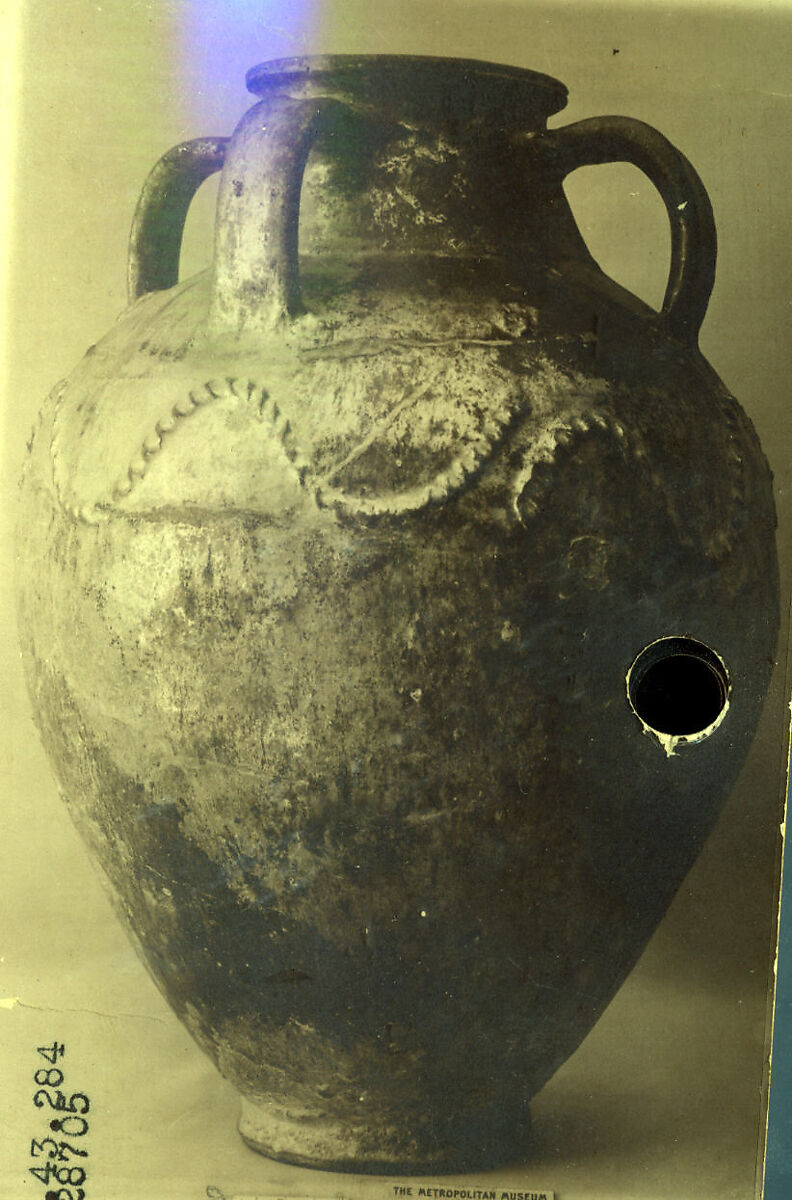 Jar, Earthenware; monochrome glazed, applied decoration