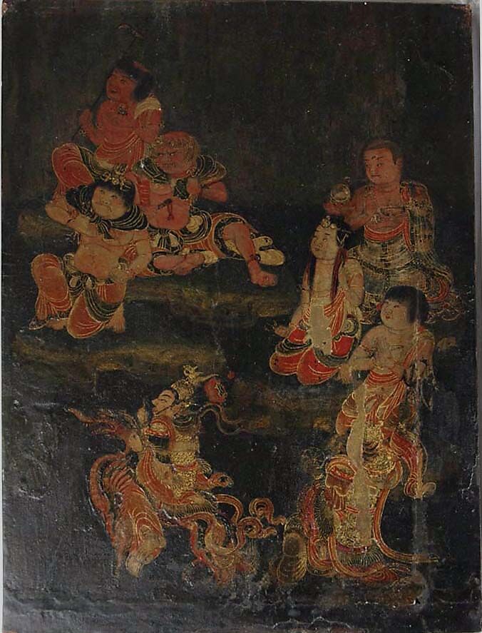 Eight Attendants of Fudō Myōō, Door of a portable shrine; ink, color, and gold on lacquered wood, Japan 