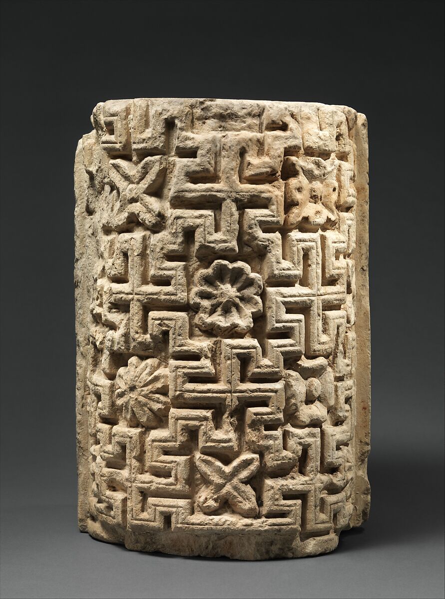 Engaged Column Part with Meander Pattern, Limestone; carved in relief 