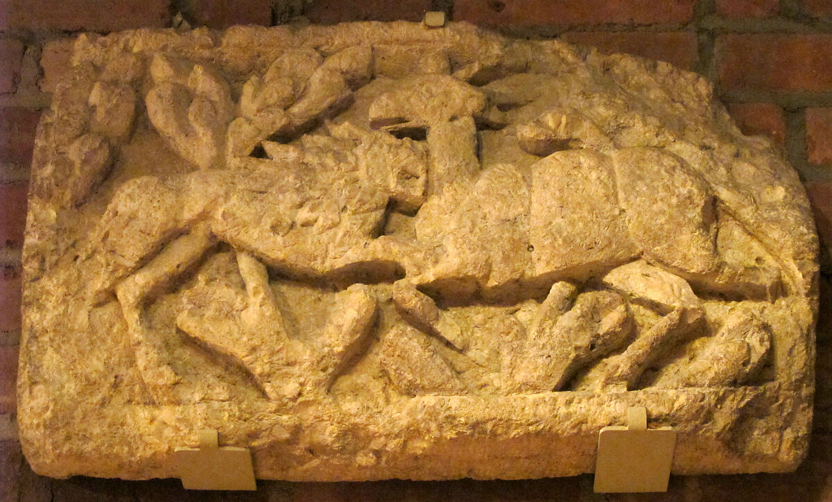 Limestone Fragment from a Frieze with a Lion Attacking an Ibex, Limestone; carved in relief