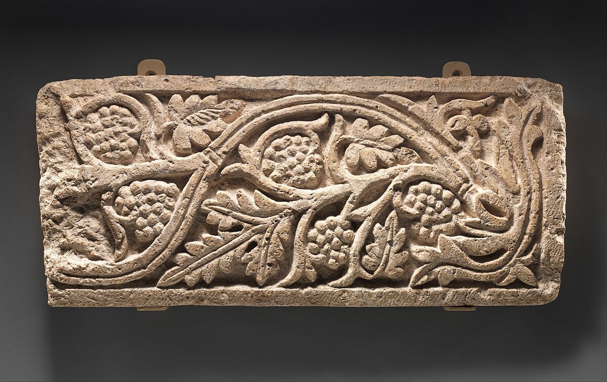 Panel with a Vine Scroll with Grapes, Limestone; carved 
