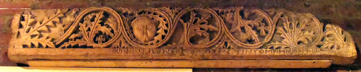 Frieze with Acanthus Vines, Birds, Crosses, and a Human Face, Limestone; carved in relief