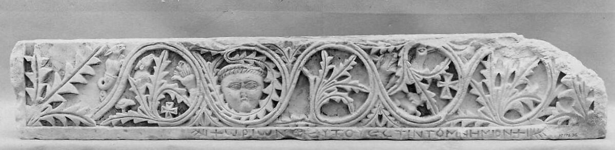 Frieze with Acanthus Vines, Birds, Crosses, and a Human Face, Limestone; carved in relief 