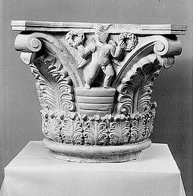 Capital with Putti Holding Wreaths and with Acanthus Leaves, Limestone; carved in relief