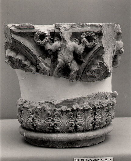 Capital with Putti Holding Wreaths and with Acanthus Leaves, Limestone; carved in relief