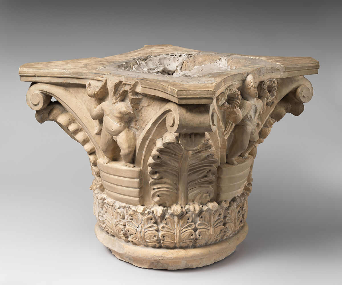 Capital with Putti Holding Wreaths and with Acanthus Leaves, Limestone; carved in relief