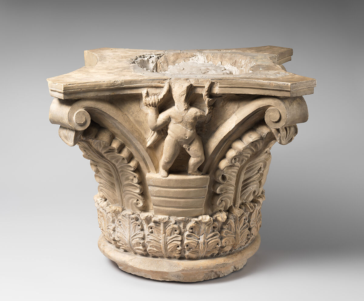 Capital with Putti Holding Wreaths and with Acanthus Leaves, Limestone; carved in relief
