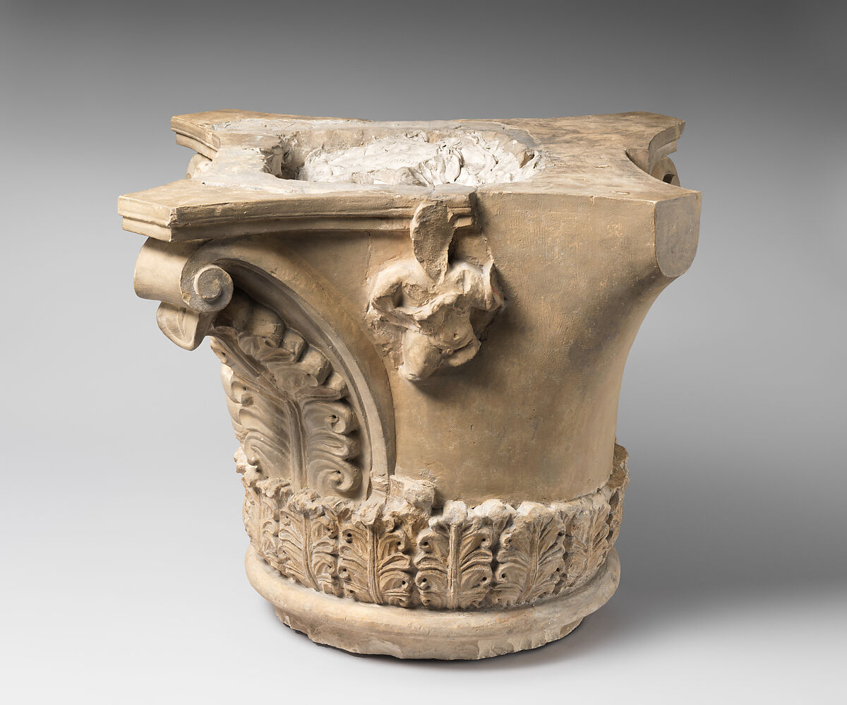 Capital with Putti Holding Wreaths and with Acanthus Leaves, Limestone; carved in relief