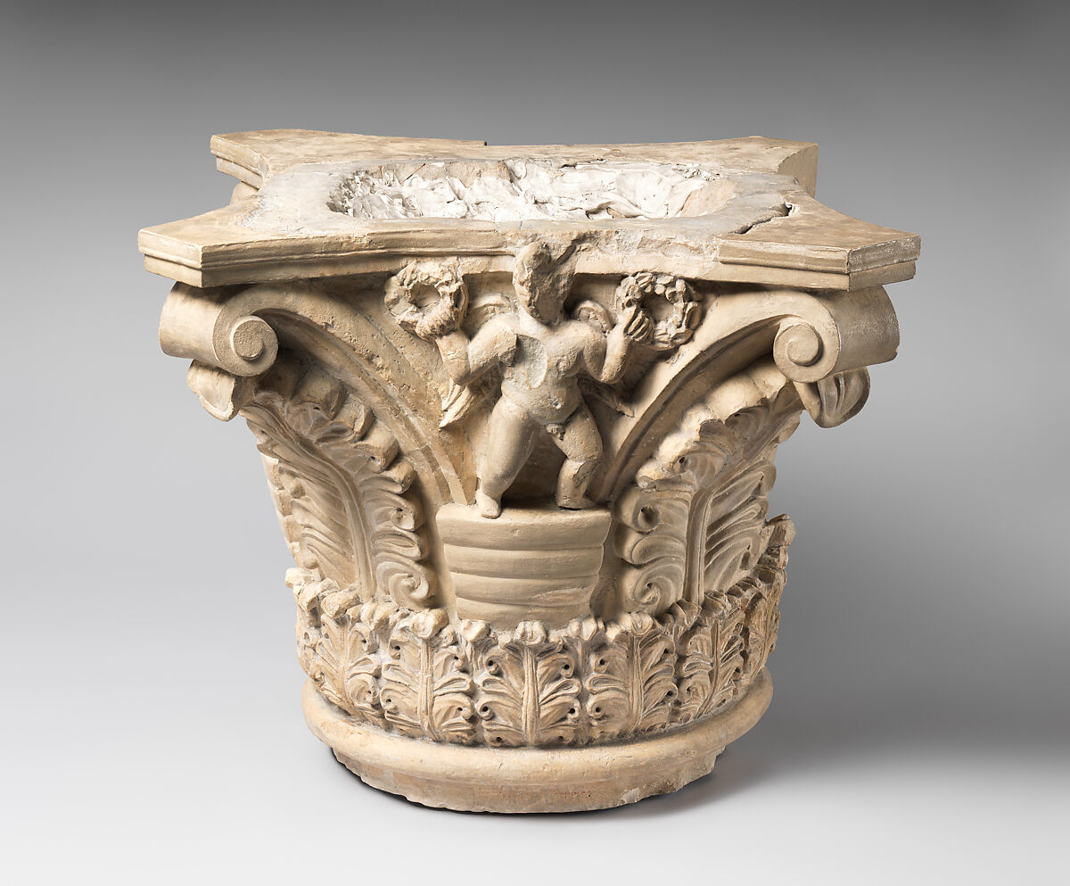 Capital with Putti Holding Wreaths and with Acanthus Leaves, Limestone; carved in relief 