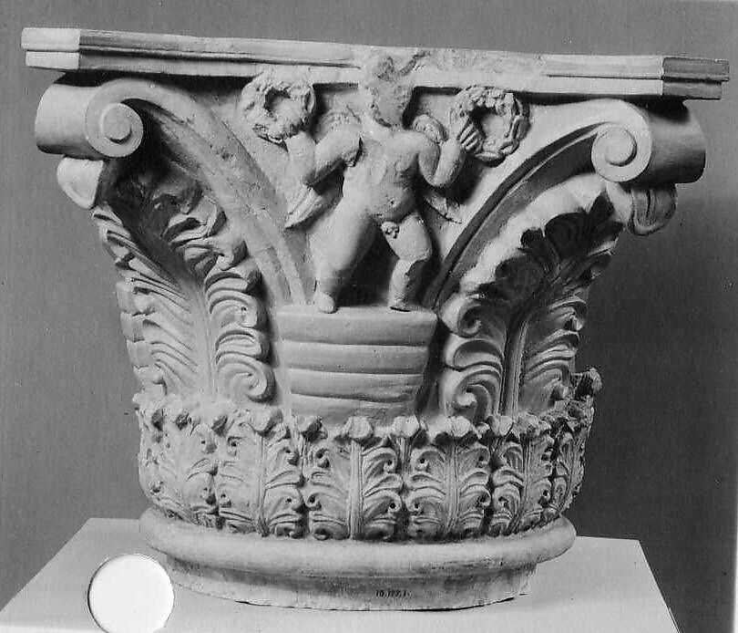 Capital with Putti Holding Wreaths and with Acanthus Leaves, Limestone; carved in relief