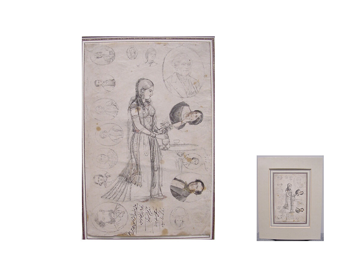 Studies for European-Style Portrait Miniatures and a Damsel Arranging Flowers, Ink and watercolor on paper