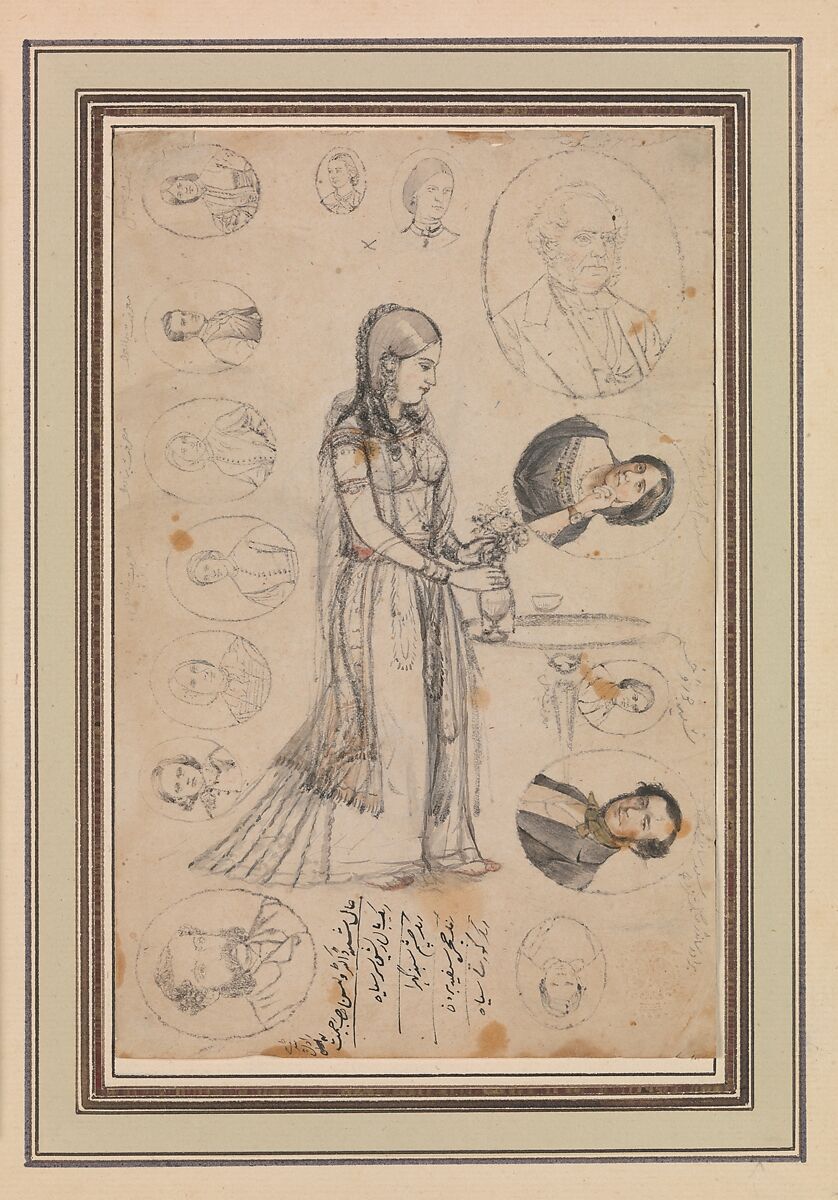 Studies for European-Style Portrait Miniatures and a Damsel Arranging Flowers, Ink and watercolor on paper 