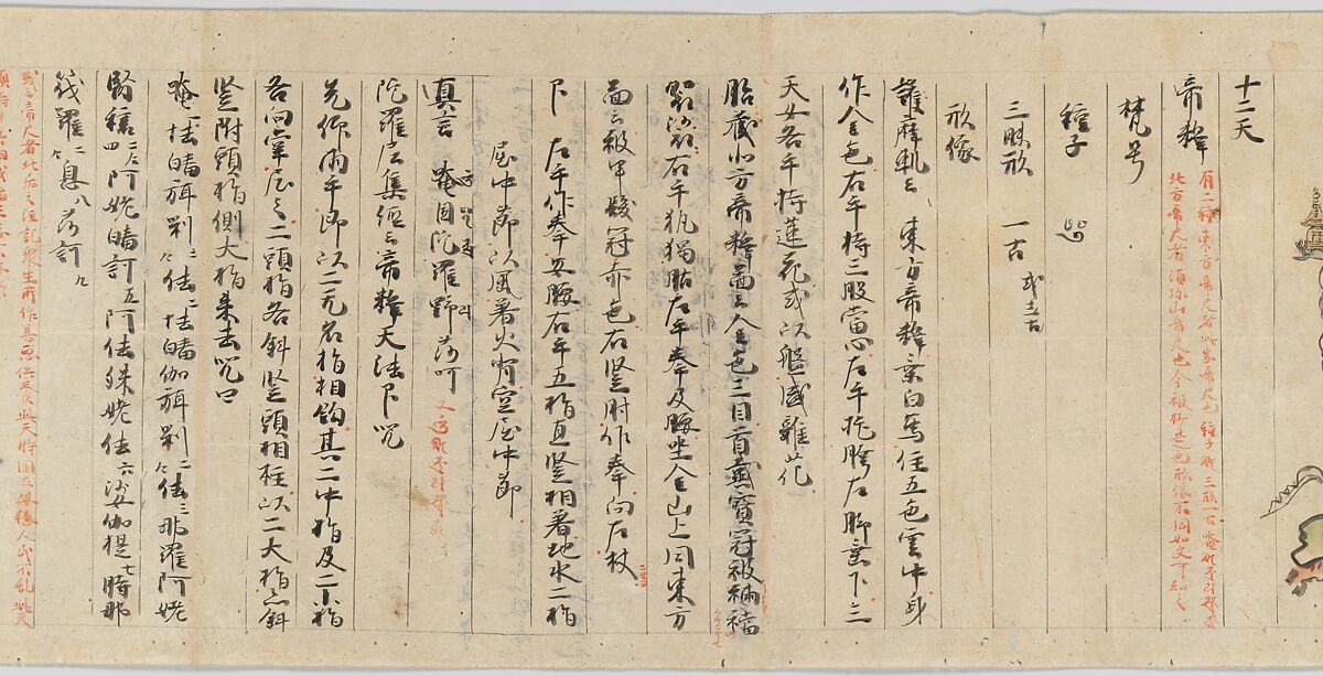Scroll 9 of Collected Iconography (Zuzōshō): Ten (Devas), Handscroll; ink and color on paper, Japan