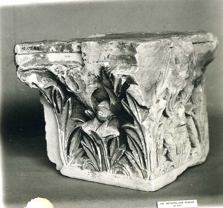 Capital with Acanthus Leaves and Traces of Red Paint, Limestone, red pigment; carved in relief