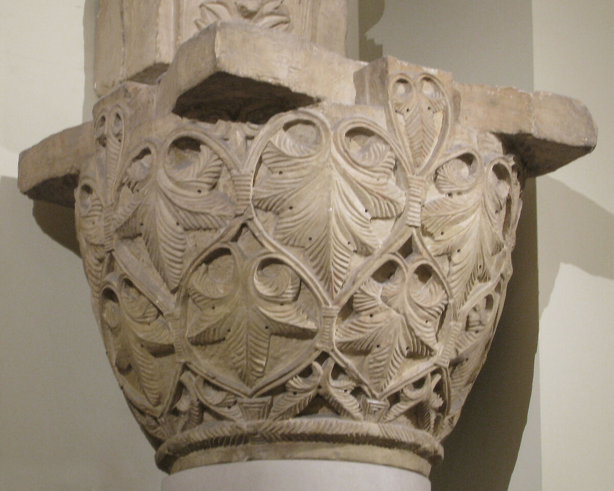 Capital with a Pattern of Leaves and Vines, Limestone; carved in relief