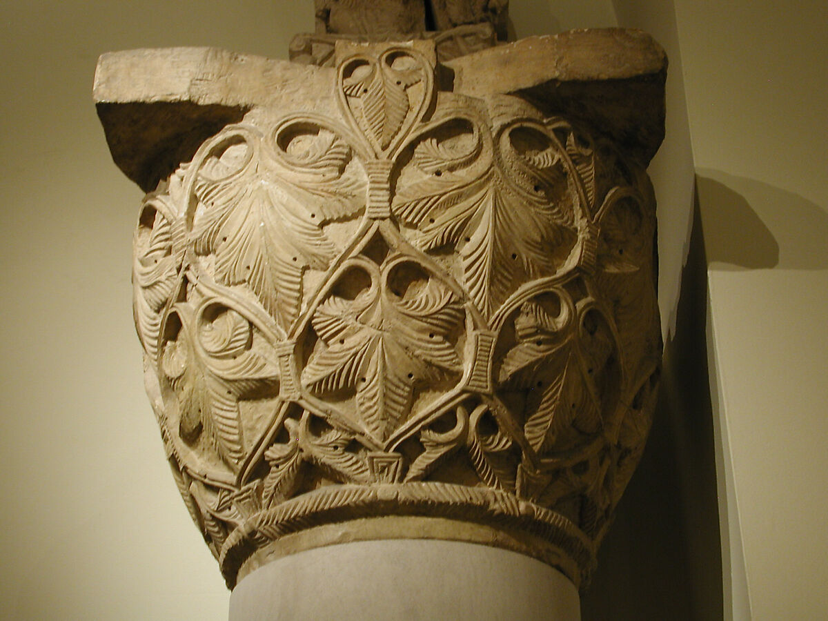 Capital with a Pattern of Leaves and Vines, Limestone; carved in relief