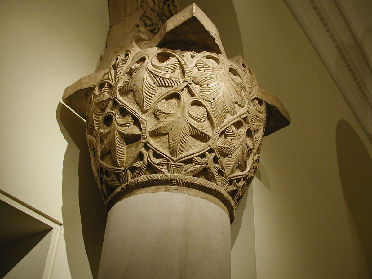 Capital with a Pattern of Leaves and Vines, Limestone; carved in relief