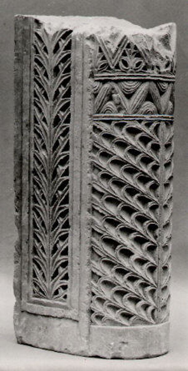 Fragment of a Door Jamb with Geometric and Vegetal Motifs, Limestone; traces of paint on plaster