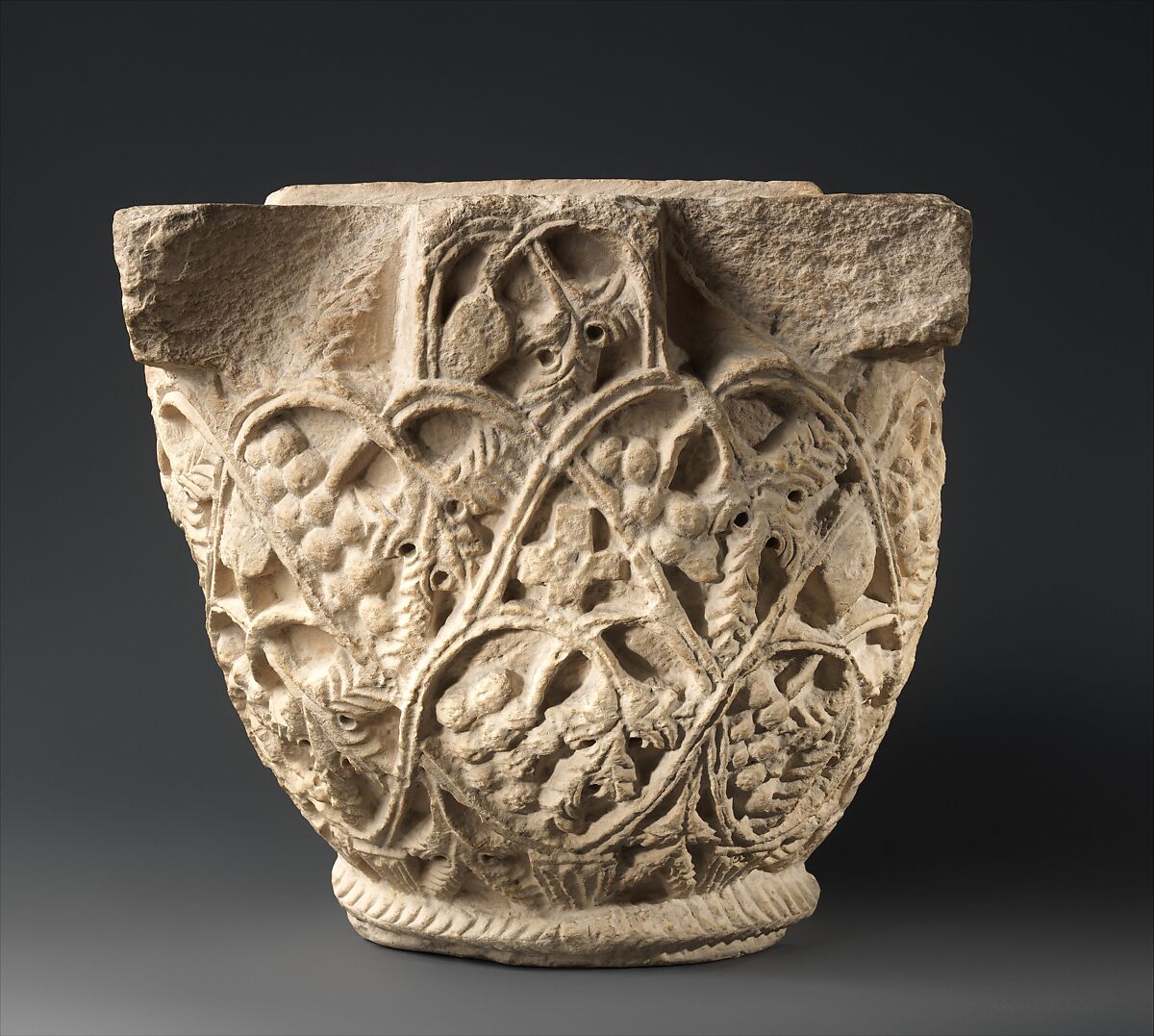 Capital with a Pattern of Vines with Grapes, Limestone; carved in relief 