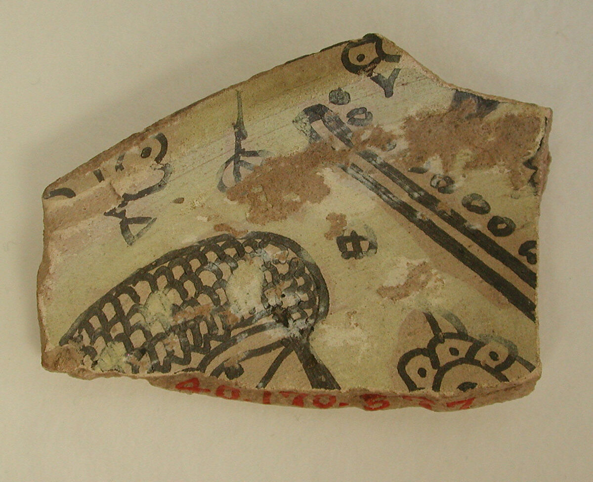 Ceramic Fragment, Earthenware; yellowish buff slip, painted in black slip under transparent colorless glaze (buff ware) 
