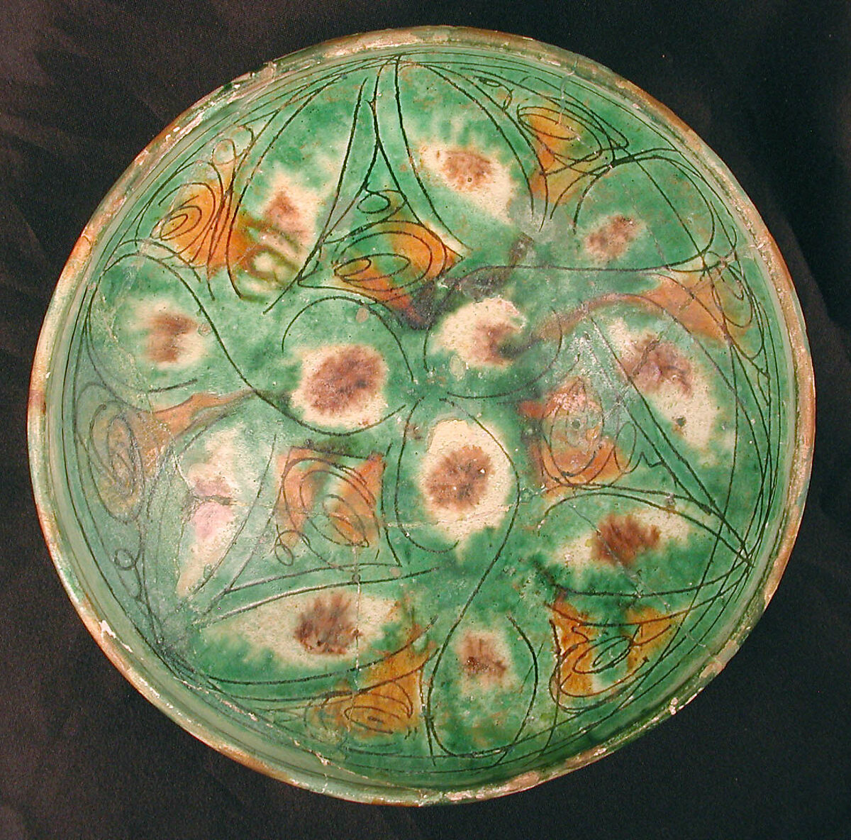 Two Imitation Splashware Bowls, Earthenware; white slip, incised and splashed with polychrome glazes under transparent glaze (sgraffito ware)