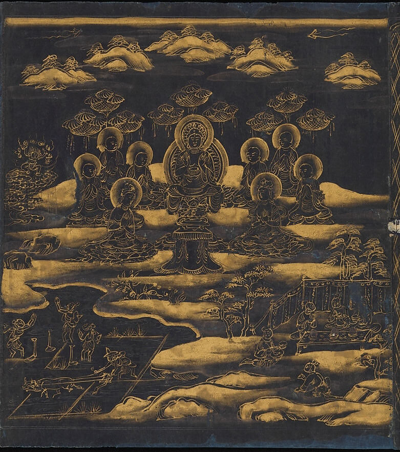 “Parable of the Medicinal Herbs,” Chapter 5 of the Lotus Sutra, Unidentified artist, Handscroll; gold and silver ink on indigo-dyed paper, Japan 