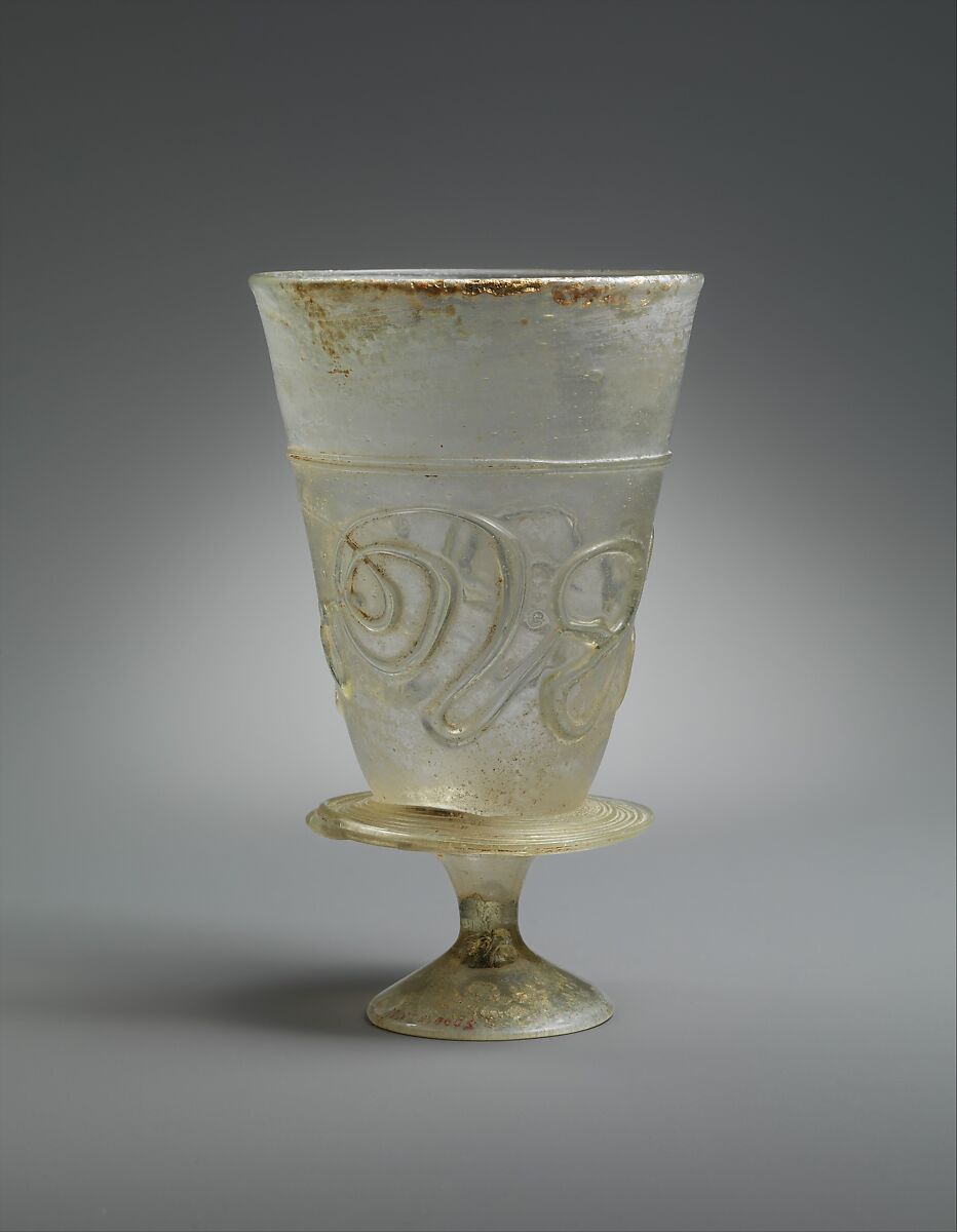 Goblet with Applied Decoration, Colorless glass with greenish tinge; blown, applied decoration 