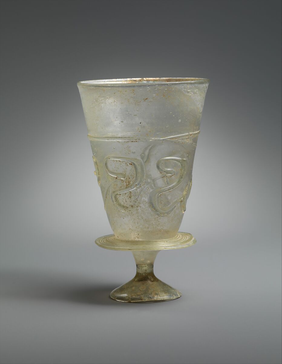 Goblet with Applied Decoration, Colorless glass with greenish tinge; blown, applied decoration