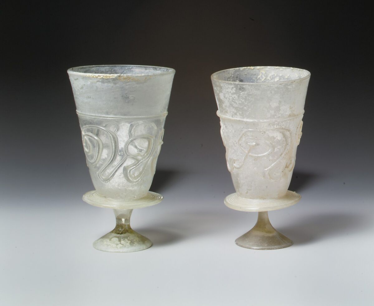 Goblet with Applied Decoration, Colorless glass with greenish tinge; blown, applied decoration