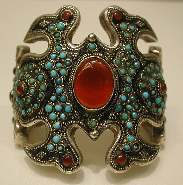 Armband, One of a Pair, Silver, with silver shot, unidentified black material, turquoise beads, and slightly domed carnelians