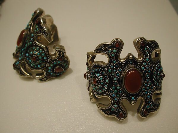 Armband, One of a Pair, Silver, with silver shot, unidentified black material, turquoise beads, and slightly domed carnelians