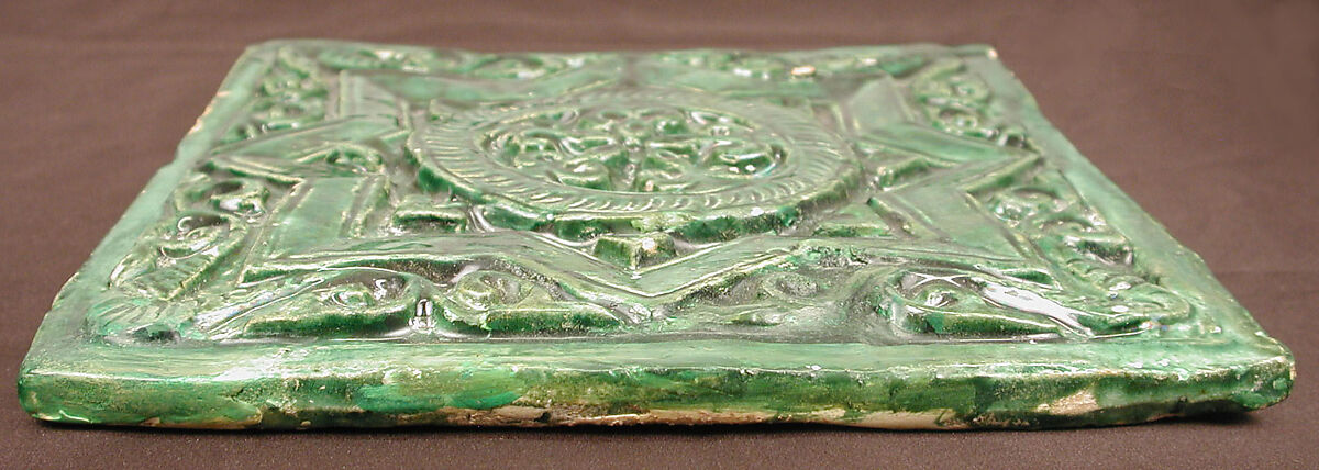 Green Tile with Star Design, Earthenware; molded decoration, monochrome glazed