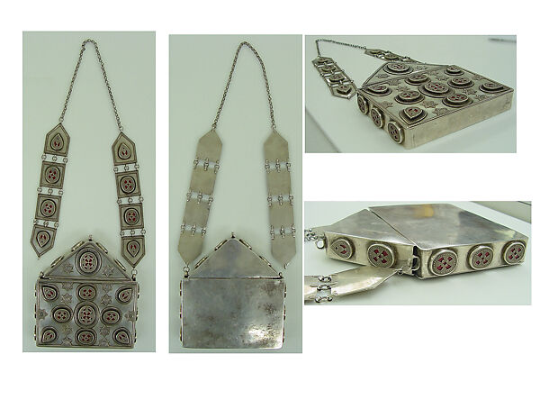 Amulet Holder, Silver; with stamped beading, glass inlays over red lacquer, paper, or fabric backing, and chains 