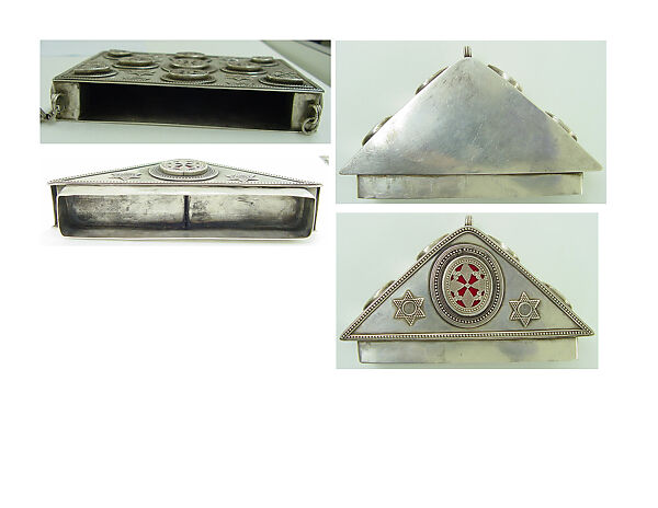 Amulet Holder, Silver; with stamped beading, glass inlays over red lacquer, paper, or fabric backing, and chains