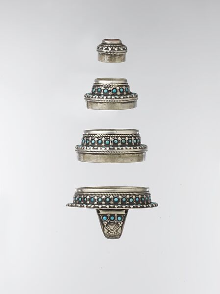 Two-Finger Ring, Silver with decorative wire, silver shot, table-cut carnelian, and turquoise beads