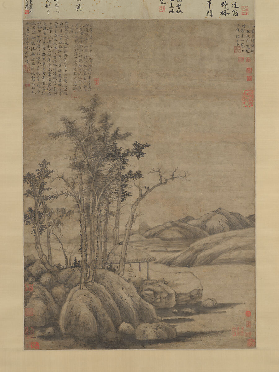Enjoying the Wilderness in an Autumn Grove, Ni Zan (Chinese, 1306–1374), Hanging scroll; ink on paper, China