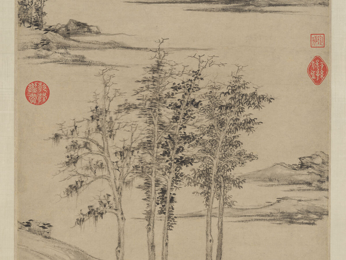 Woods and Valleys of Mount Yu, Ni Zan (Chinese, 1306–1374), Hanging scroll; ink on paper, China
