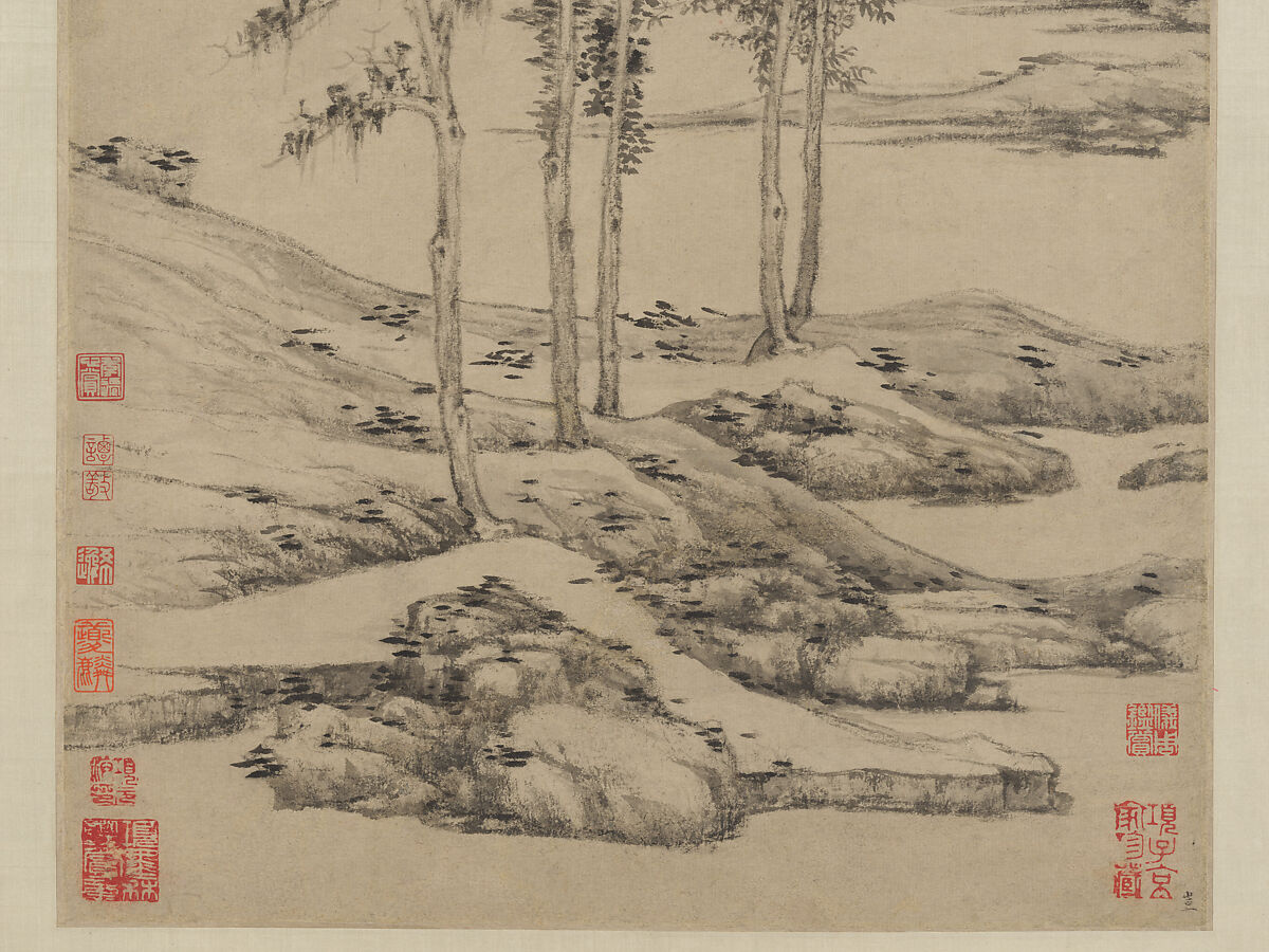 Woods and Valleys of Mount Yu, Ni Zan (Chinese, 1306–1374), Hanging scroll; ink on paper, China